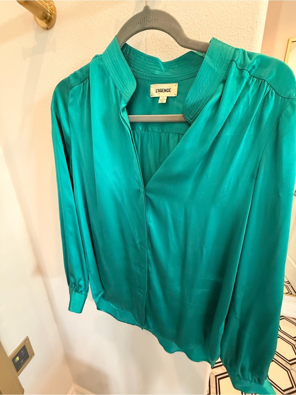 L'AGENCE Teal Silk-Blend V-Neck Long-Sleeve Blouse